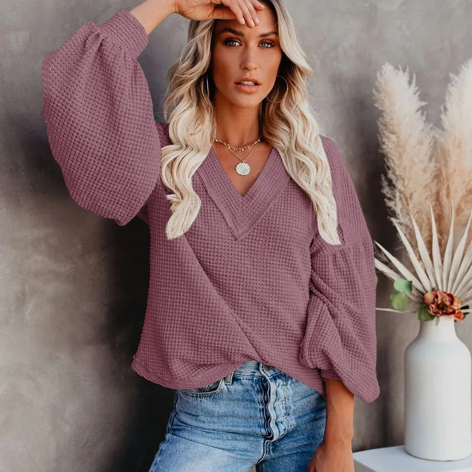 Fashion loose V-neck with Lantern Sleeve Top - GlamzLife