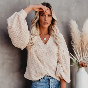 Fashion loose V-neck with Lantern Sleeve Top - GlamzLife