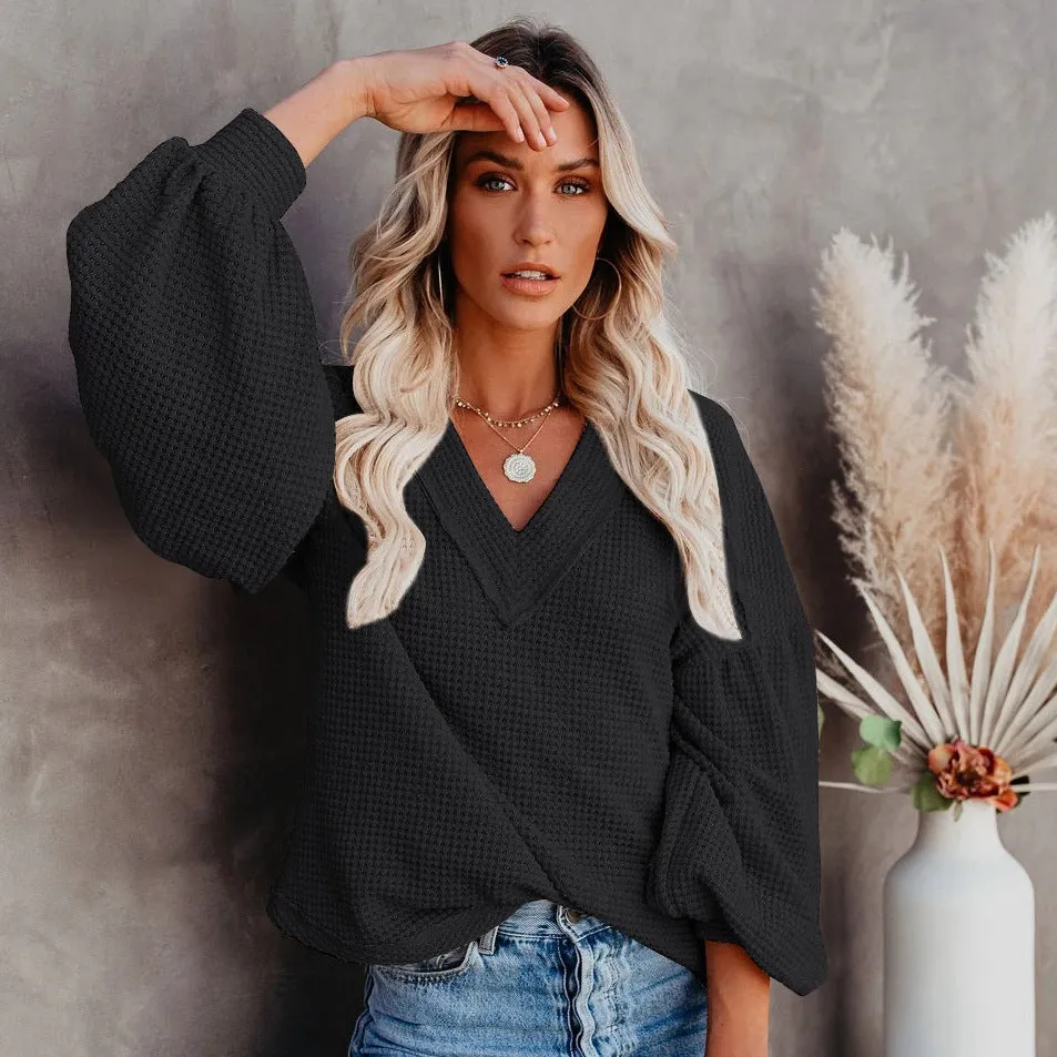 Fashion loose V-neck with Lantern Sleeve Top - GlamzLife