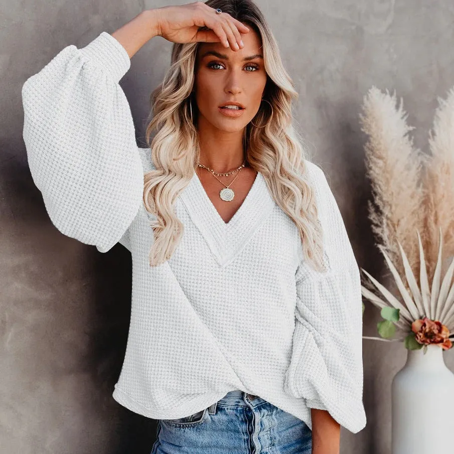 Fashion loose V-neck with Lantern Sleeve Top - GlamzLife