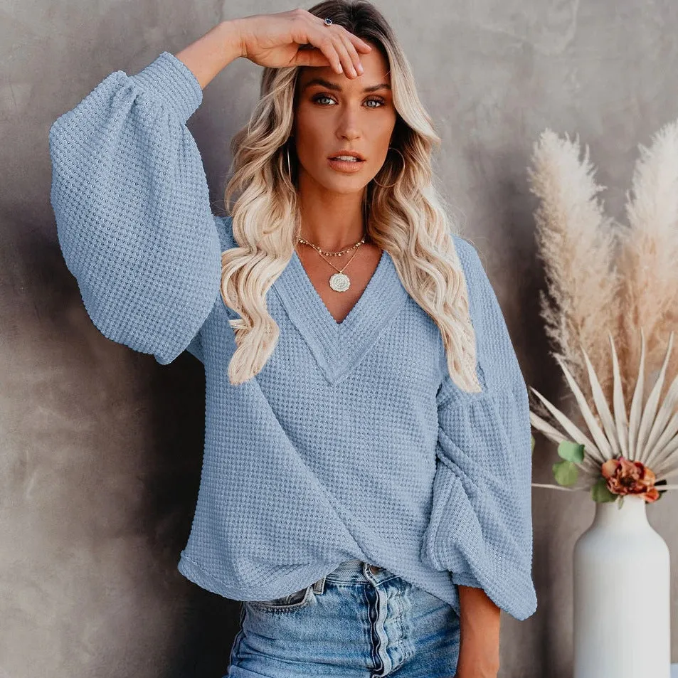 Fashion loose V-neck with Lantern Sleeve Top - GlamzLife