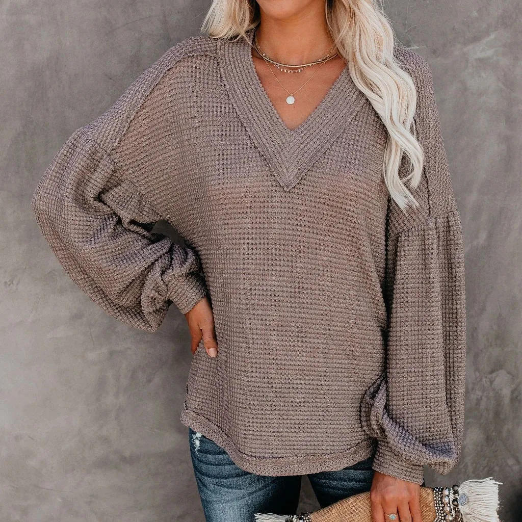 Fashion loose V-neck with Lantern Sleeve Top - GlamzLife